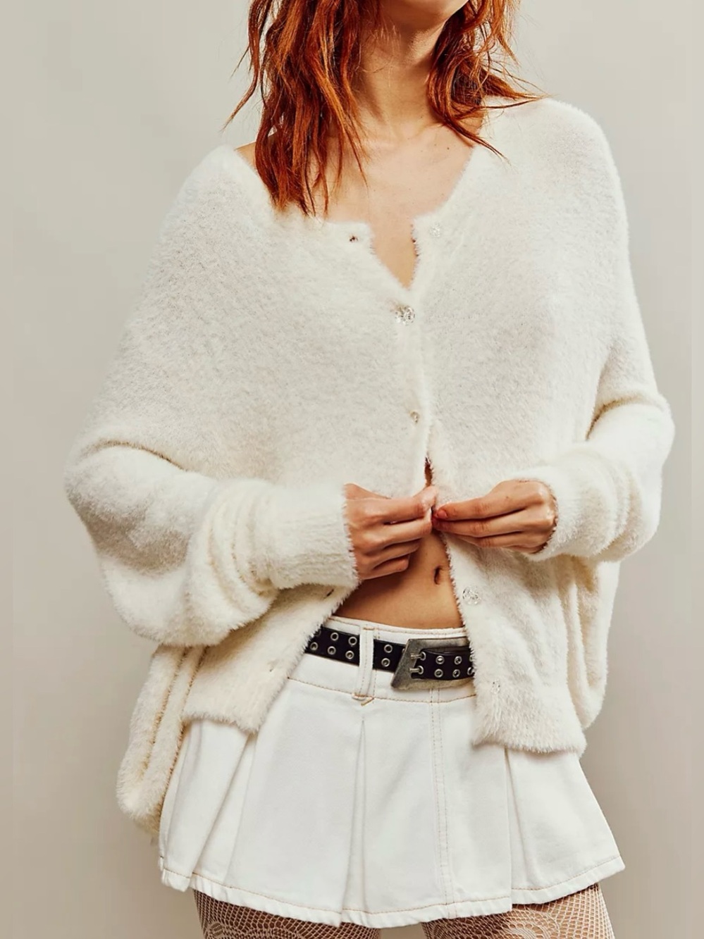 Free People Cream Fuzzy Decorative Button-Up Oversized Cardigan - Size XS